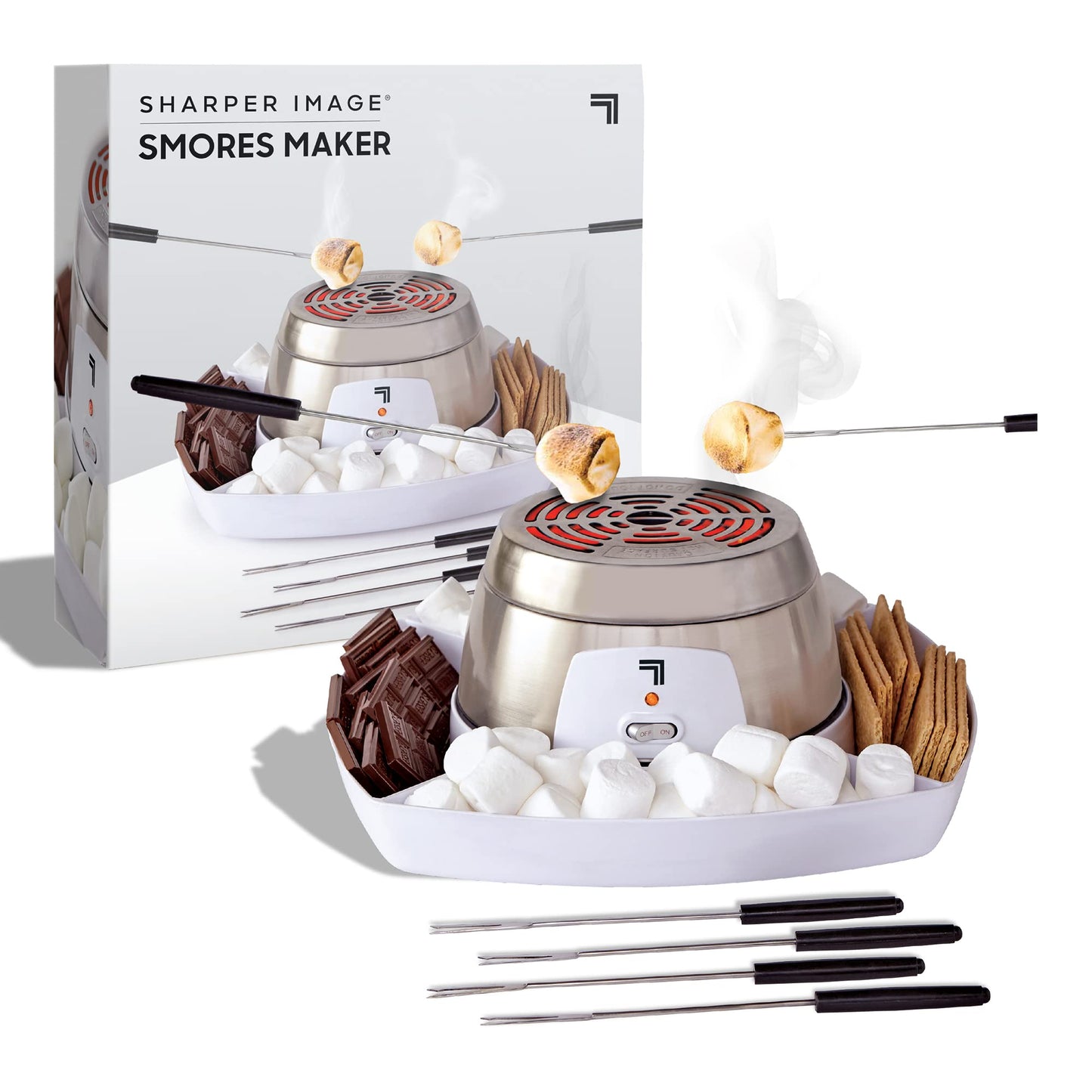 SHARPER IMAGE Electric Tabletop S'mores Maker for Indoors, 6-Piece Set, Includes 4 Skewers & 4 Serving Compartments, Easy Cleaning & Storage, Tabletop Marshmallow Roaster, Family Fun For Kids Adults