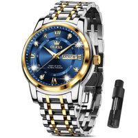 OLEVS Men's Watches Gold and Blue Mens Watches Luxury Dress Watches for Men Classic Two Tone Mens Wrist Watches Analog Quartz Watches Mens Waterproof Stainless Steel Watches Reloj para Hombre