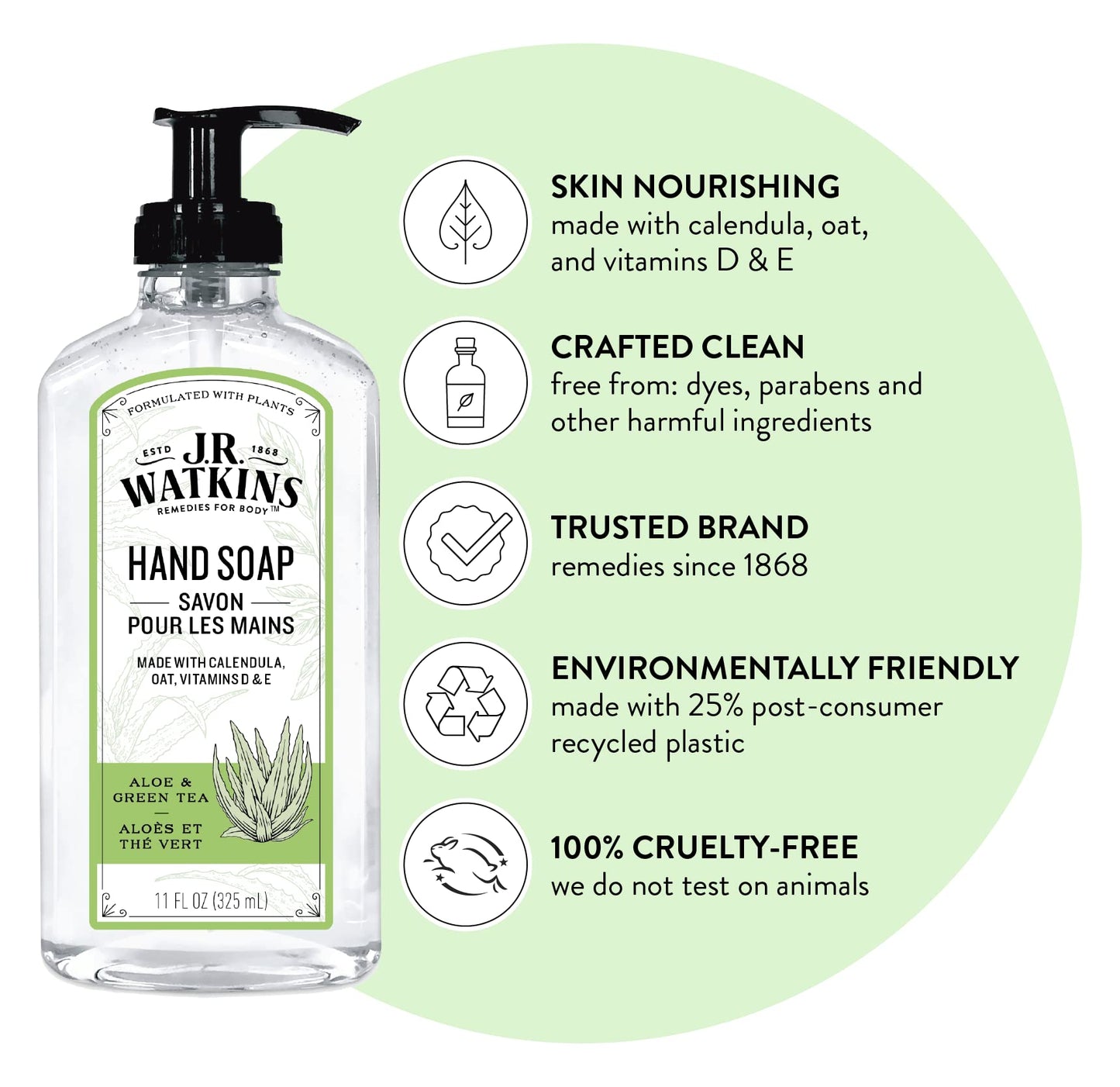 J.R. Watkins Gel Hand Soap, Scented Liquid Hand Wash for Bathroom or?Kitchen, USA Made and Cruelty Free, 11 fl oz, Aloe & Green Tea, 6 Pack