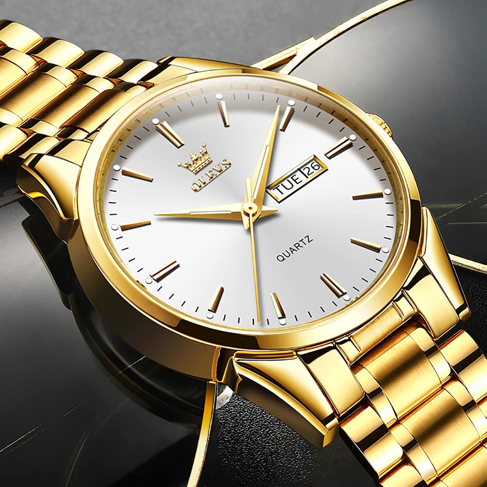 Gold Steel Watches for Men,Date Day Man Watch,Gold Men Watch White,Gold Waterproof Watch Men,Dress Watch for Men,Fashion Gold Wrist Watch for Men,Men Watches Luxury,Luminous Male Watch,OLEVS Watch Men