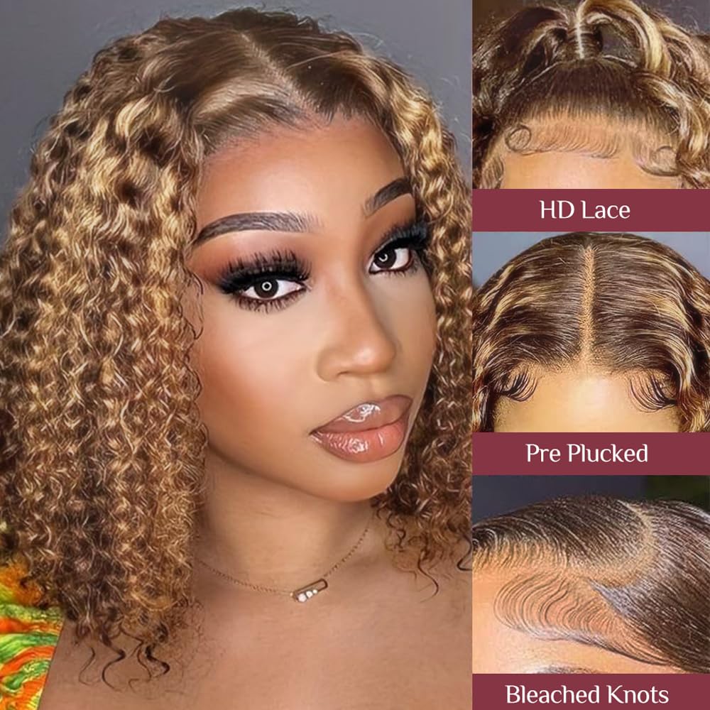 Jessica Hair Ombre Honey Blonde 13x4 HD Lace Front Human Hair wigs for Women 180% Density 4/27 Colored Highlight Curly Glueless Wigs Pre Plucked with Baby Hair(16 inch)