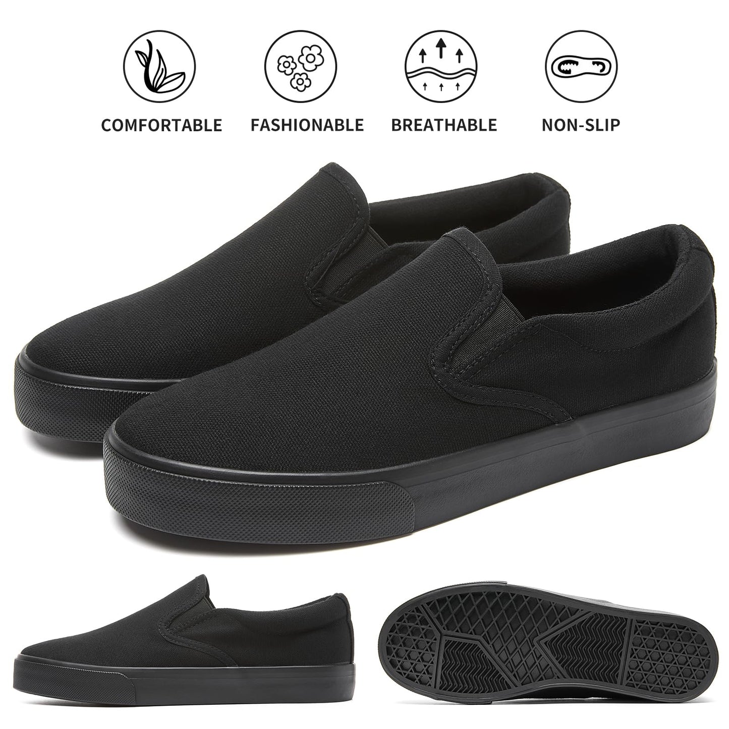 Women's Canvas Slip On Shoes Fashion Sneakers Flats Shoes White Canvas Shoes(Full Black.US8)