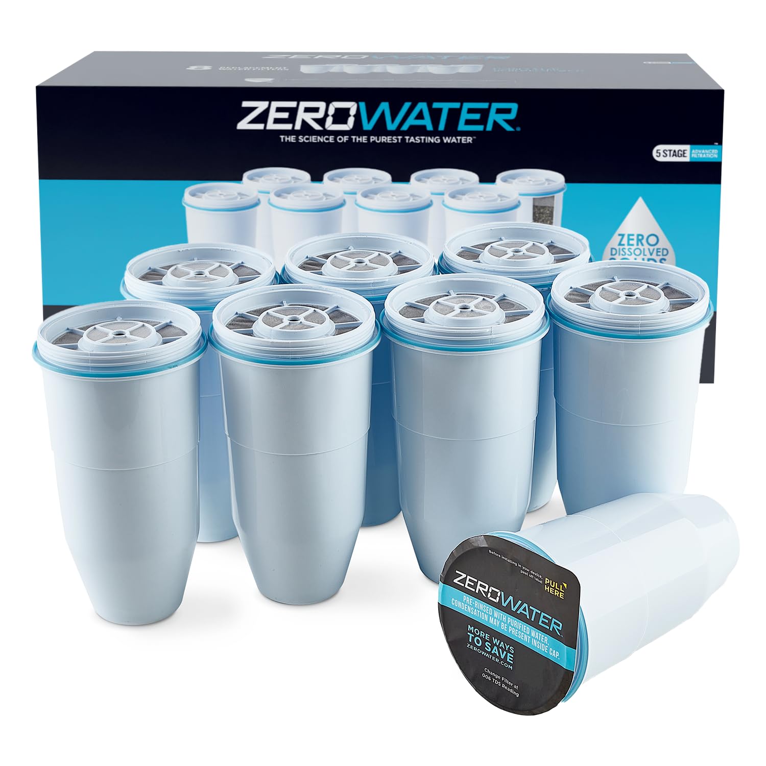 ZeroWater Official Replacement Filter - 5-Stage Filter Replacement 0 TDS for Improved Tap Water Taste - System IAPMO Certified to Reduce Lead, Chromium, and PFOA/PFOS, 8-Pack