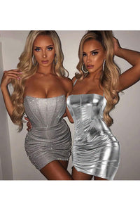 Silver Metallic Short Corset Dress for Women Leather Bodycon Holographic Dress Sexy Halter Ruched Sparkly Holiday Mini Club Dress 2XL
