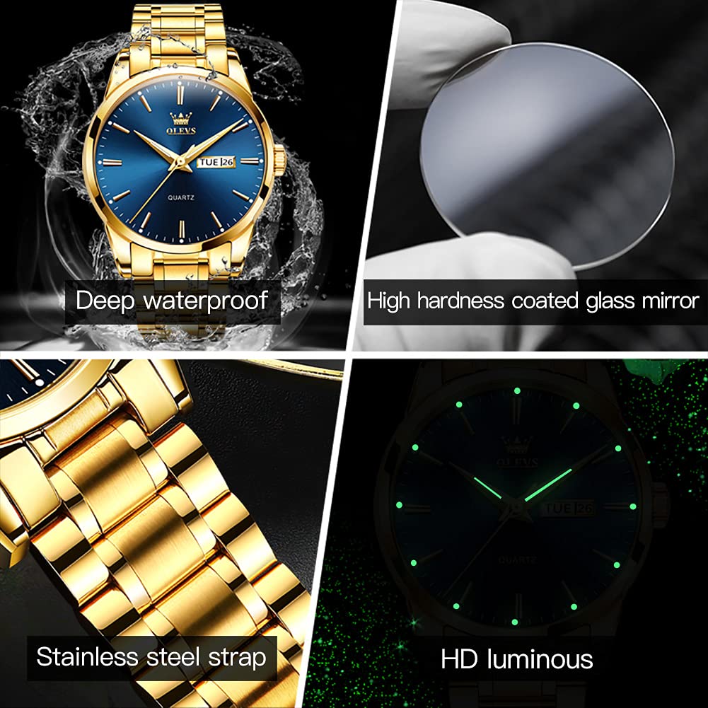 OLEVS Gold Steel Watches for Men,Day Date Watches Men Gold,Mens Watch Blue Dial,Gold Watch Men with Day,Mens Watch,Dress Waterproof Men Watches,Luminous Men Watch,Classic Watch for Men