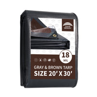 RAINDEWAY 20x30 Feet Super Heavy Duty Tarp 18 Mil, UV Resistant, Weatherproof, Multipurpose Waterproof Poly Tarp with Grommets and Reinforced Edges, Brown/Gray Tarp