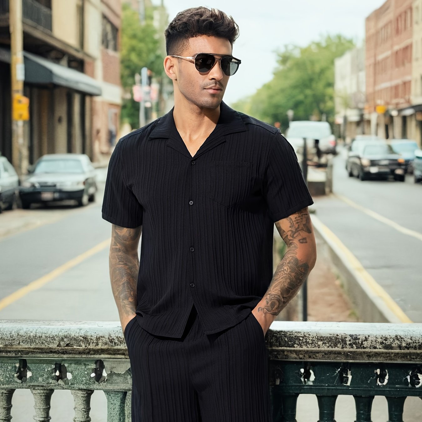 Men's Casual Shirt Set, Men's Casual Striped Shirt and Drawstring Striped Shorts Set, Men's Suit Collar Shirt Suit. Men's Summer Vacation, Everyday Wear Shirt Suit