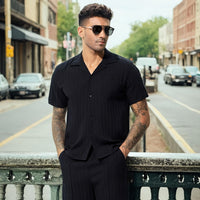Men's Casual Shirt Set, Men's Casual Striped Shirt and Drawstring Striped Shorts Set, Men's Suit Collar Shirt Suit. Men's Summer Vacation, Everyday Wear Shirt Suit