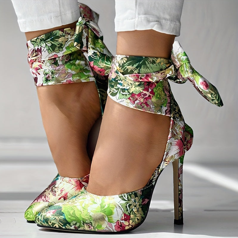 Women's Strappy Floral Print Satin Stiletto High Heels - Pointed Toe Lace Up D'Orsay Pumps with Ultrahigh Heel, Fabric Upper & Man Made Sole | Party & Dress Shoes | Fashion Stiletto Sandals