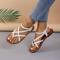 Flat Heel Womens Braided Thong Sandals - Comfortable Elastic Ankle Strap, Lightweight Faux Leather Upper, Rubber Sole, Pull-On Closure, Open Toe, Solid Color, Perfect for Summer Beach and Casual Occasions