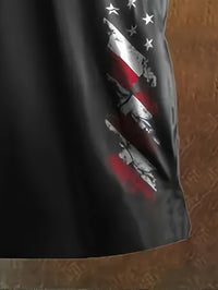 [American Flag Shirt] Lightweight American Flag Print Men's Casual Shirt - Comfortable Short Sleeve, Button-Up Collar, Black with Stars & Stripes Design, Polyester for Spring/Fall