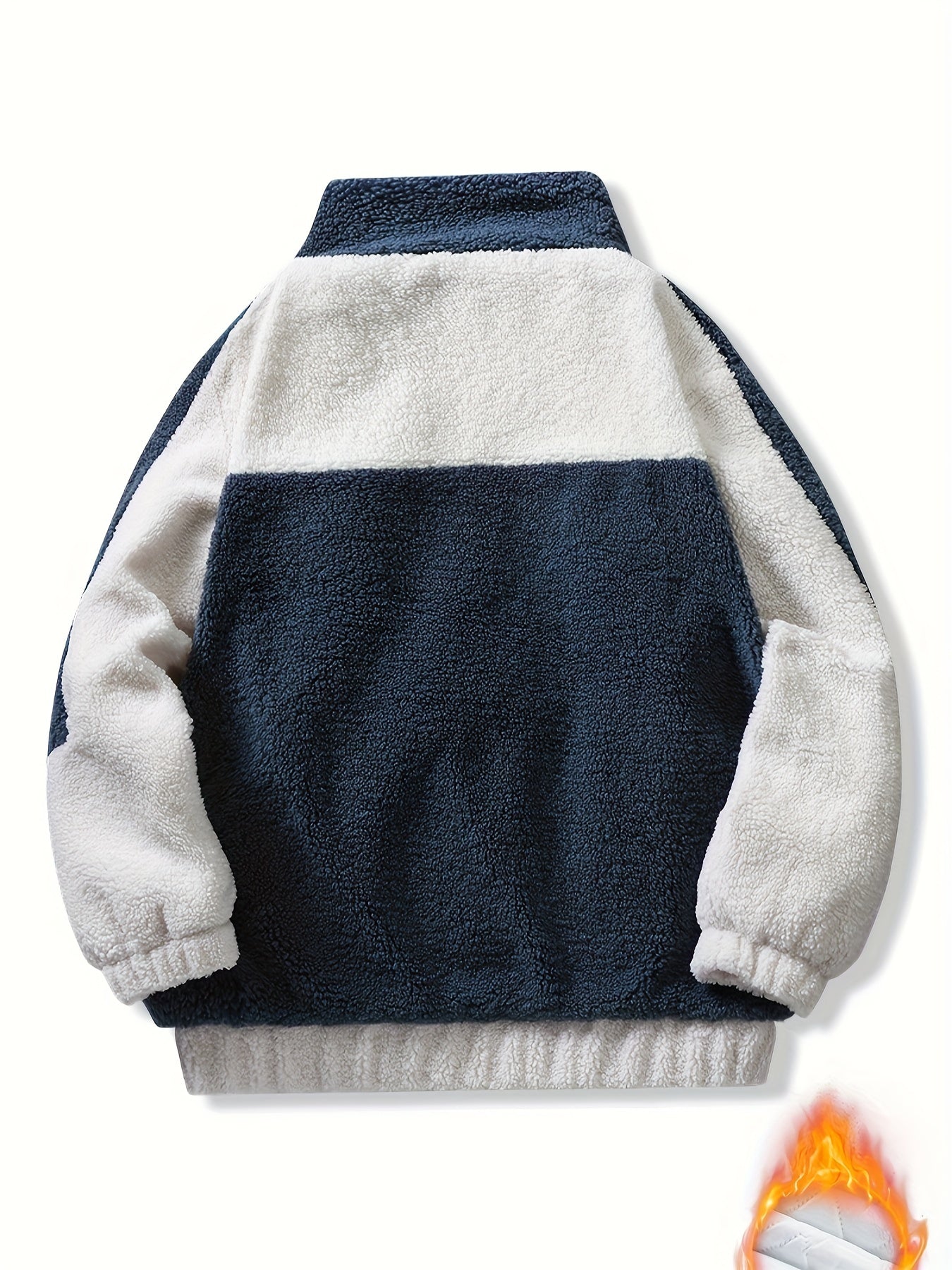 Warm Plush Fleece Jacket, Men's Casual Color Block Stand Collar Jacket Coat For Fall Winter
