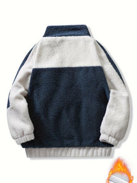 Warm Plush Fleece Jacket, Men's Casual Color Block Stand Collar Jacket Coat For Fall Winter