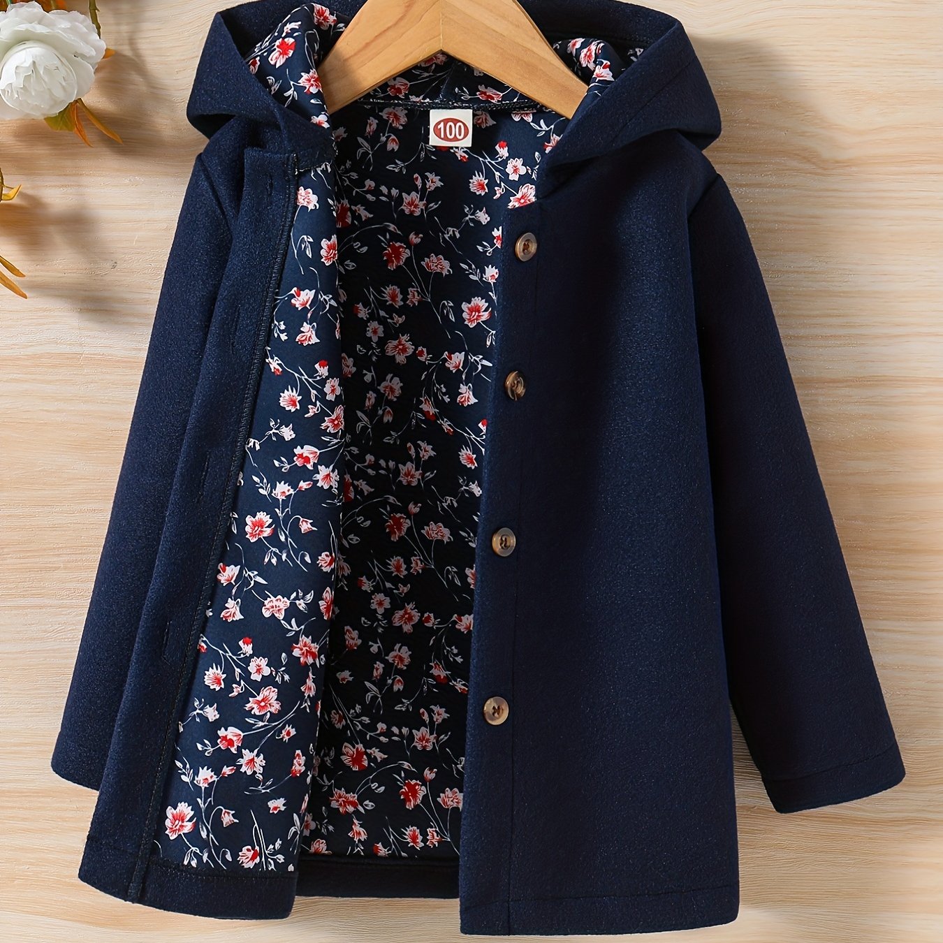 Baby Girls Toddler Girls Casual & Elegant Hooded Coat Floral Print Button Design Hoodies For Autumn And Winter