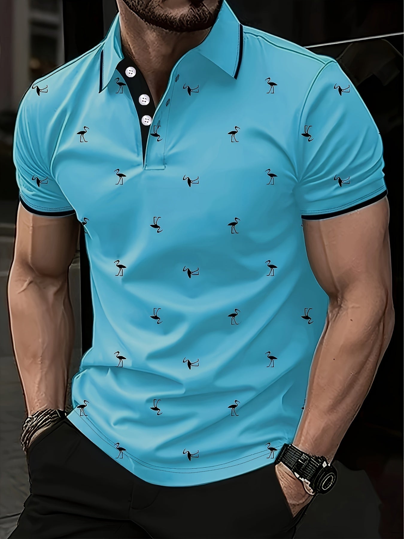 Men's Casual Shirt with Striped Collar & Golf Silhouette Pattern - Vibrant Blue, Breathable Fabric, Machine Washable, Regular Fit for Golf & Leisure Wear, Golf Shirt, Active Lifestyle Apparel, Colorful Casualwear, Durable Cas