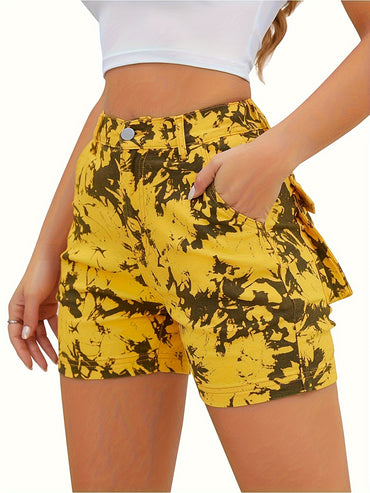 Women's High Waist Camouflage Print Denim Shorts, Elastic Streetwear Style, Casual Summer Hot Pants with Pockets