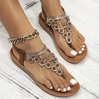 Women's Boho Style Flat Sandals, Flower Rhinestone Elastic Strap Slip On Shoes, Summer Beach Thong Sandals