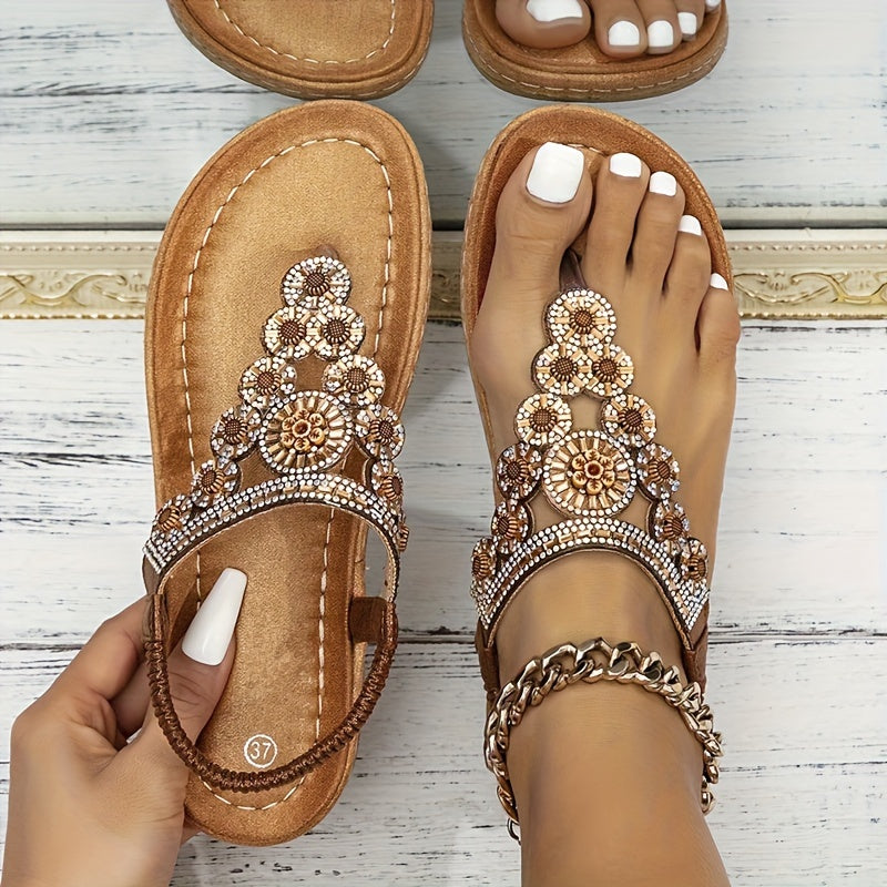 Women's Boho Style Flat Sandals, Flower Rhinestone Elastic Strap Slip On Shoes, Summer Beach Thong Sandals