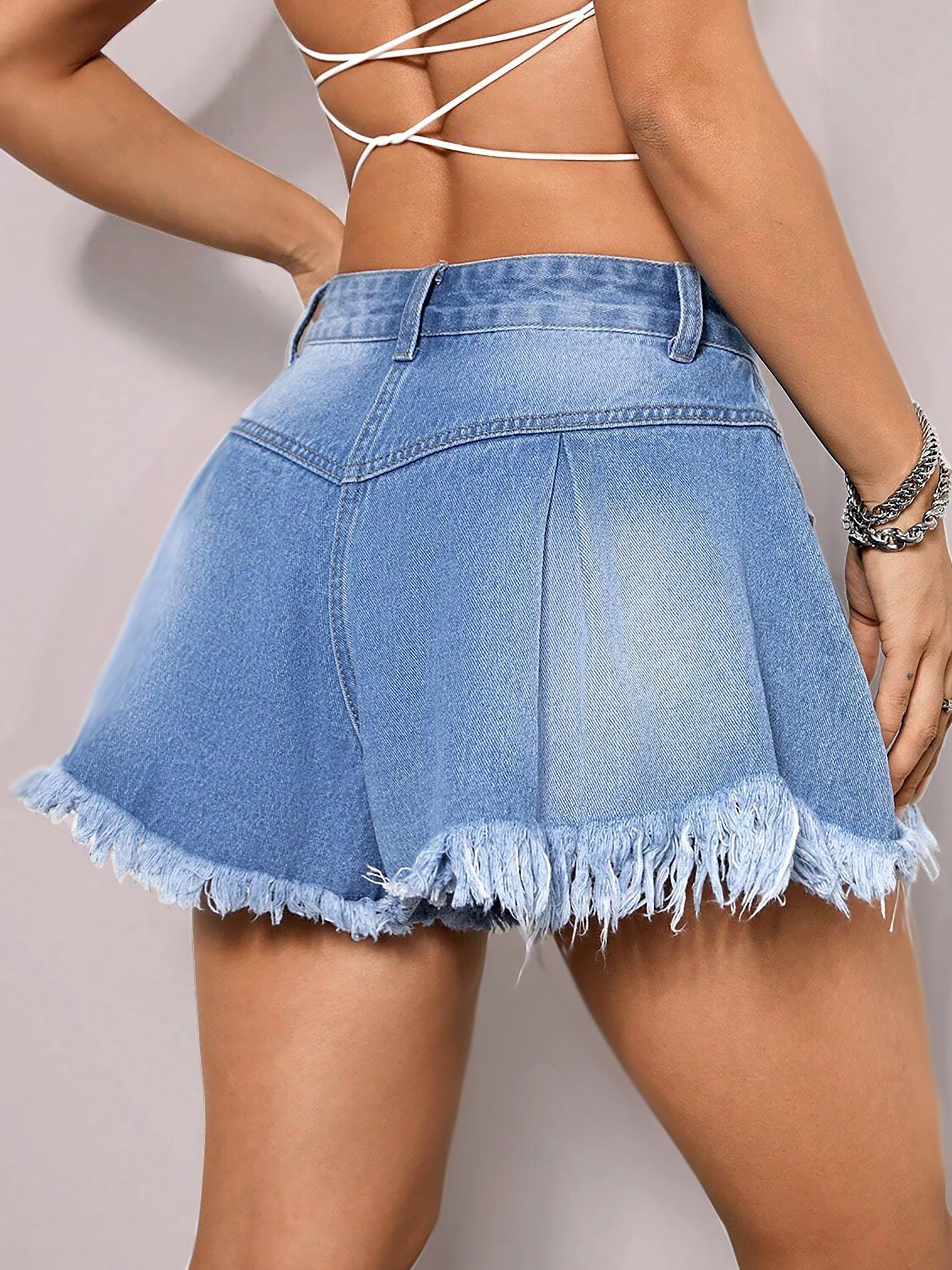 Women's Summer Casual Denim Shorts, Frayed Hem, Light Blue, Zip Buttton Closure, High-Waisted, Fashion Streetwear