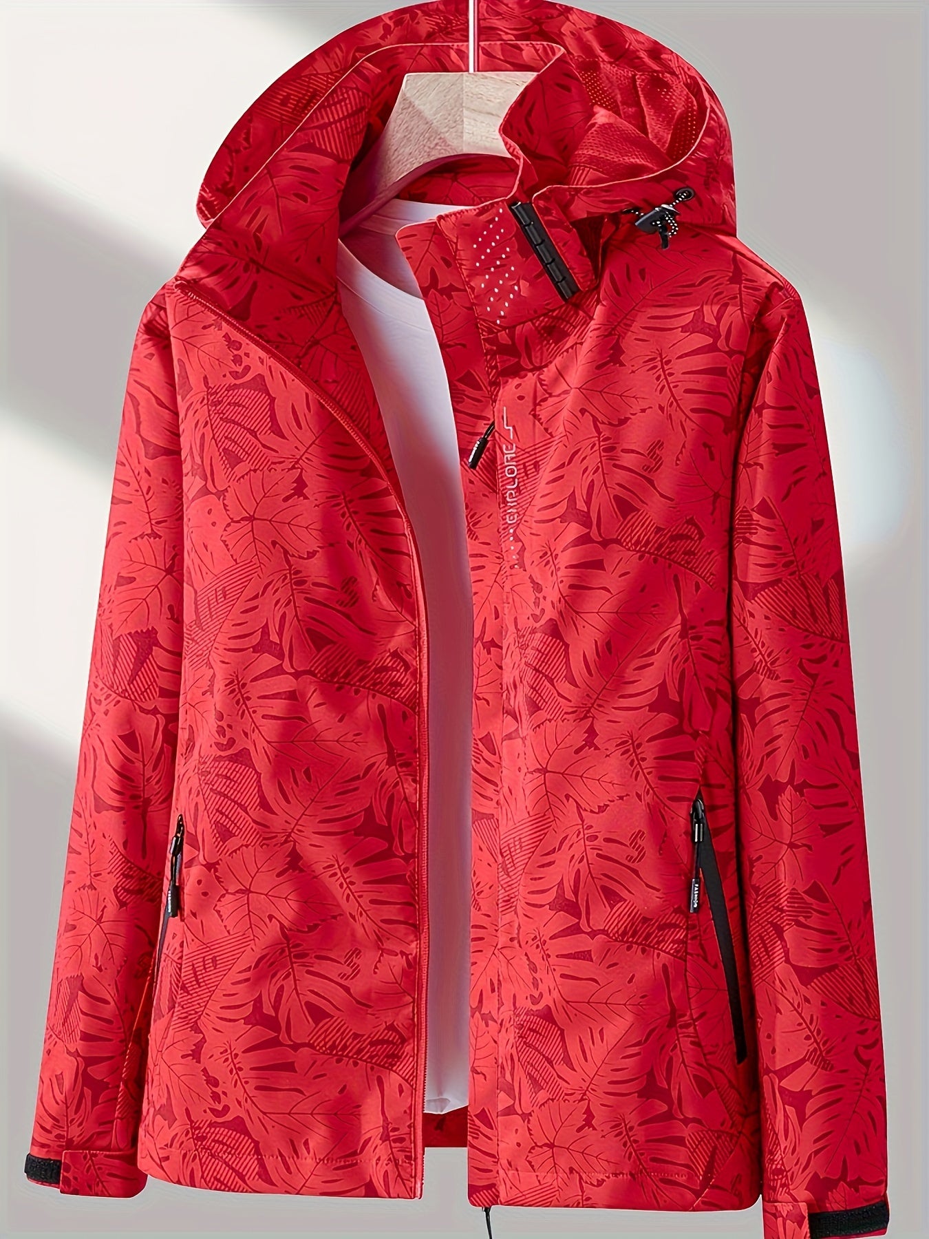 [Tropical Hooded Jacket] Lightweight Women's Hooded Jacket | Casual Zip-Up Outdoor with Tropical Leaf Print, Removable Hood & Adjustable Cuffs for Spring Summer Fall, Hiking, Travel, Camping, Camping Gear