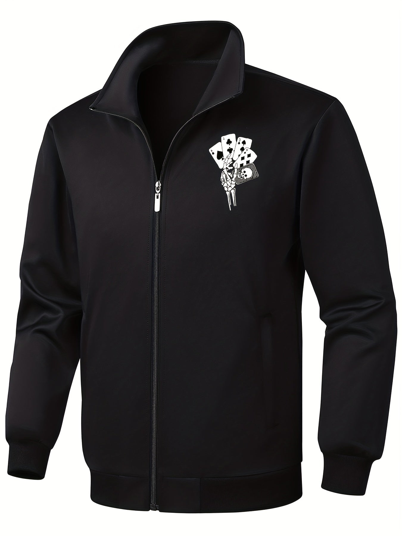 Skeleton Holding Card Pattern Windbreaker Jackets, Men's Casual Stretch Stand Collar Jacket Coat