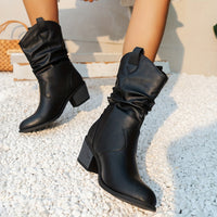 Mid Calf Women's Slouch Boots, Solid Color V-cut Slip On Cowgirl Low Heel Block Stacked Heels