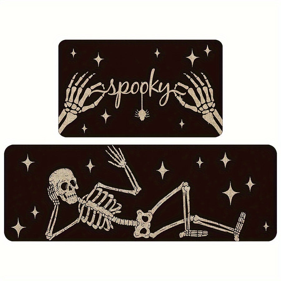 2-Pack Spooky Ghost Halloween Kitchen Mats - Durable Polyester Rugs with Vibrant Skeleton, Spider, and Bone Designs, Machine Washable, Non-Slip, and Water-Resistant for Spooky Home Decor All Year Round