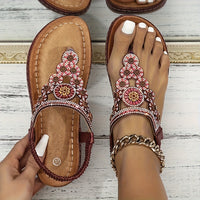 Women's Boho Style Flat Sandals, Flower Rhinestone Elastic Strap Slip On Shoes, Summer Beach Thong Sandals