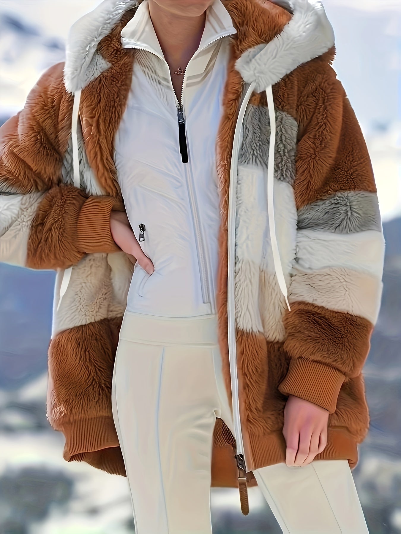 Womens Ultra-Soft Teddy Fleece Color Block Hooded Coat - Stylish Zip Up Winter Warm Outerwear with Full Hood and Long Sleeves - Trendy Casual Clothing for Chilly Days