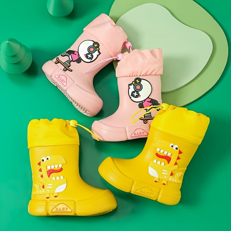 JIAGEYA Boys Girls EVA Drawstring Rain Boots, Cartoon Dinosaur Design Waterproof Soft Sole Anti Slip High Top Shoes For Rainy Weather