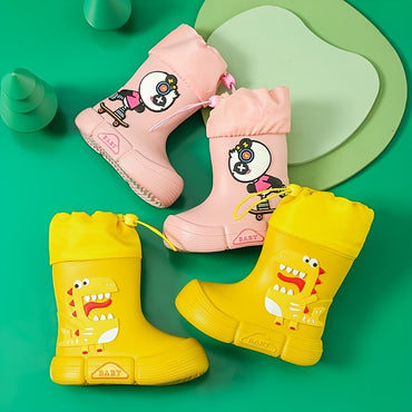 JIAGEYA Boys Girls EVA Drawstring Rain Boots, Cartoon Dinosaur Design Waterproof Soft Sole Anti Slip High Top Shoes For Rainy Weather