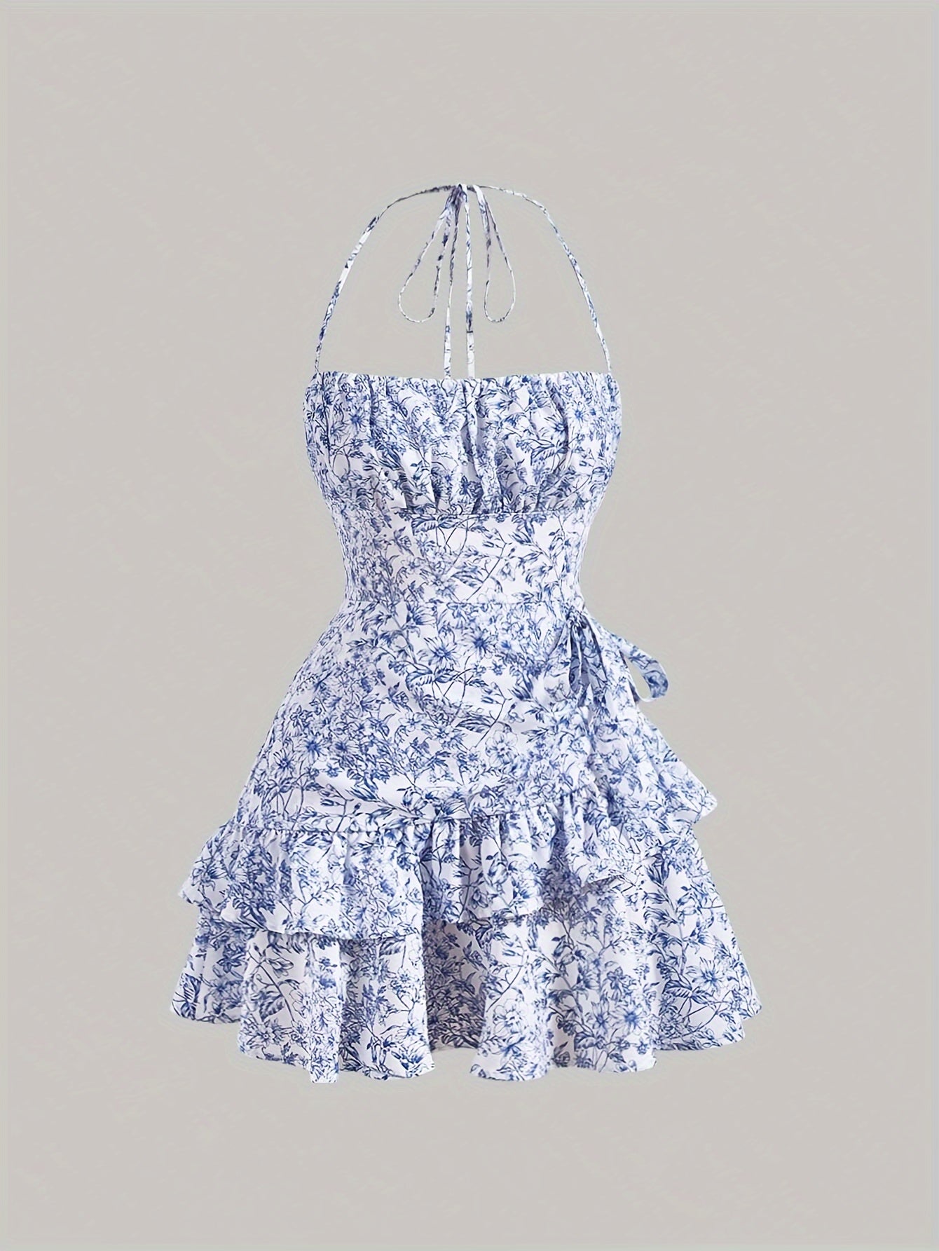 Floral Print Layered Ruffle Hem Halter Dress - Elegant Sleeveless Dress For Spring & Summer - Women's Clothing - For Women - Perfect for Parties & Casual Occasions - Ideal Gift for Her