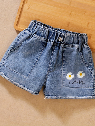 Vibrant Floral Graphic Denim Shorts - Ultra-Comfy, Stylish, and Durable - Perfect for Young Girls Summer Outfits and Daily Wear