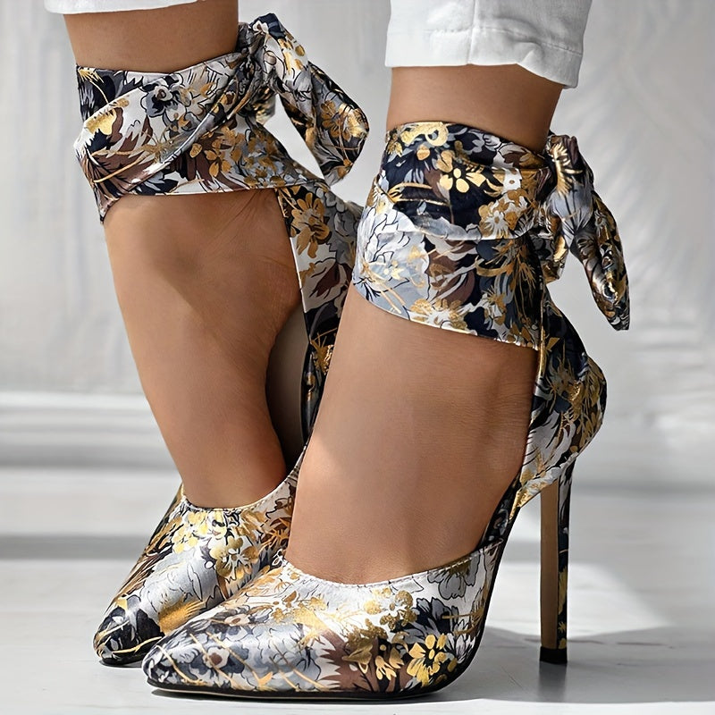 Women's Strappy Floral Print Satin Stiletto High Heels - Pointed Toe Lace Up D'Orsay Pumps with Ultrahigh Heel, Fabric Upper & Man Made Sole | Party & Dress Shoes | Fashion Stiletto Sandals