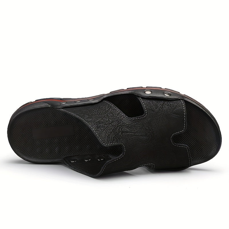 Men's Trendy Open Toe Breathable Split Cow Leather Upper Slippers, Comfy Non Slip Casual Rubber Sole Slides, Men's Footwear