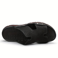 Men's Trendy Open Toe Breathable Split Cow Leather Upper Slippers, Comfy Non Slip Casual Rubber Sole Slides, Men's Footwear