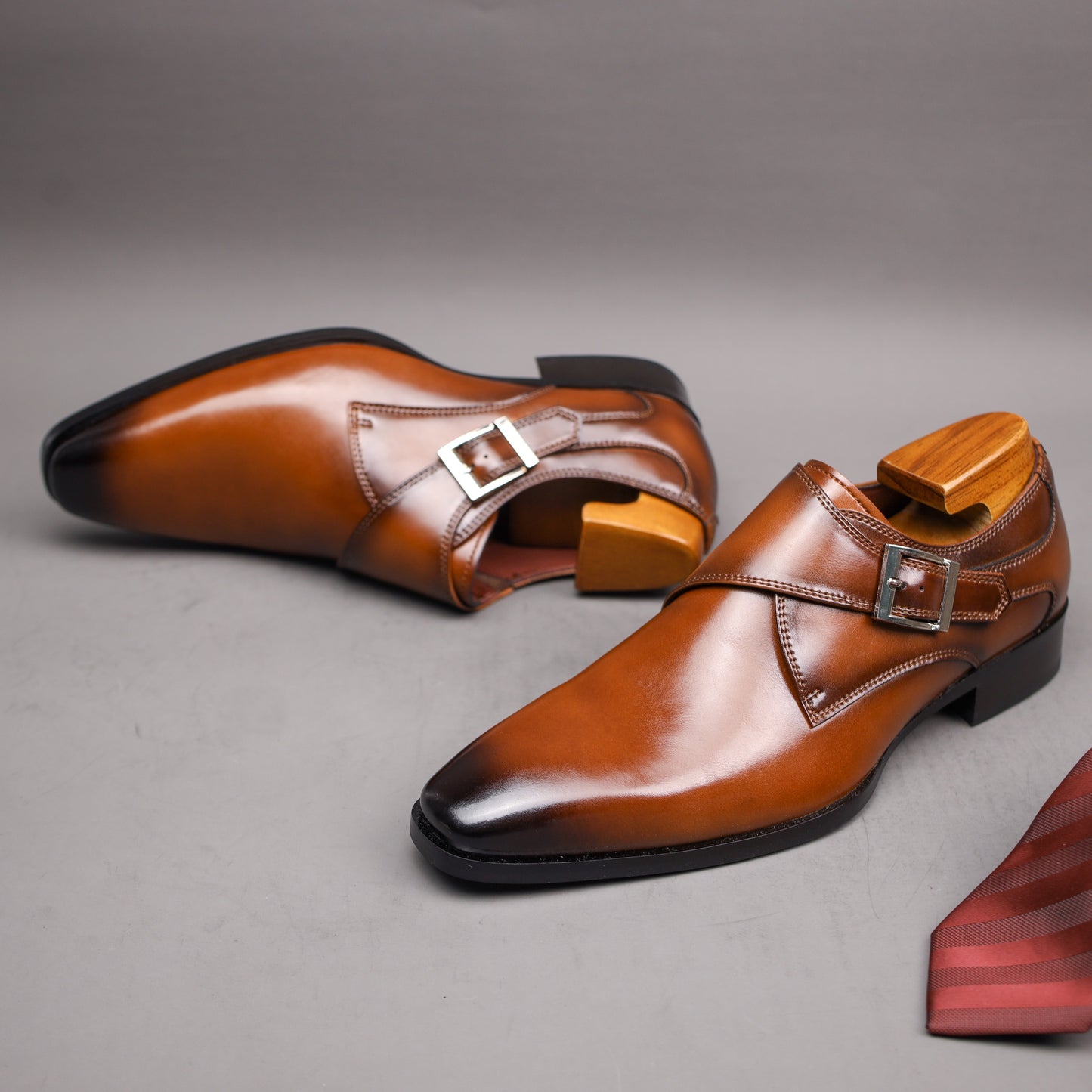 Men's Second Layer Cowhide Upper Solid Color Monk Shoes, Comfy Non Slip Rubber Sole Durable Dress Shoes, Men's Footwear