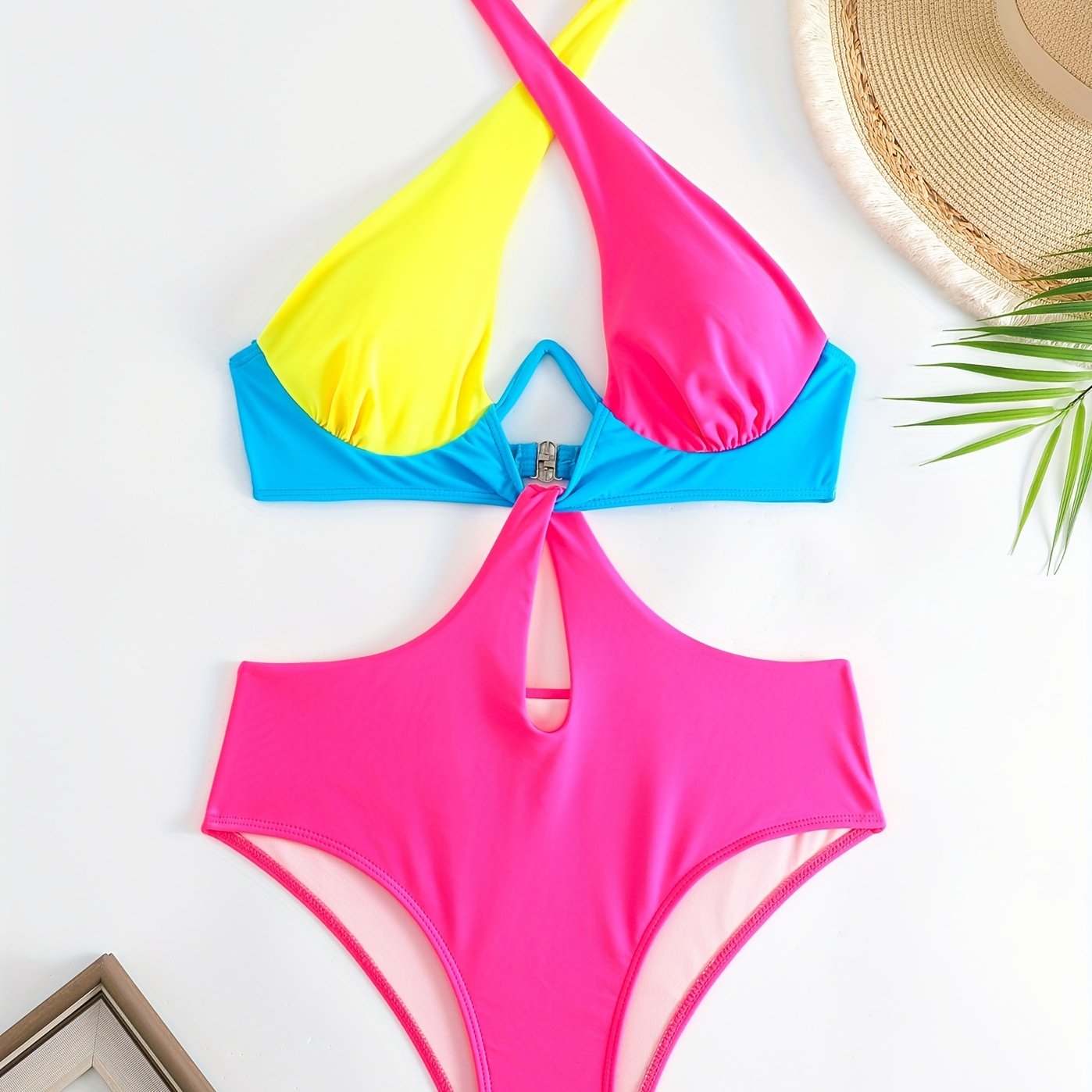 Colorblock Halter Neck One Piece Swimsuit, Cut Out Backless High Cut Bathing Suit, Women's Swimwear & Clothing