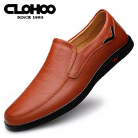 CLOHOO Men's Slip-On Casual Shoes - Genuine Leather Upper, Rubber Sole with PU Cushioned Insole, All-Season Comfort for Business & Vacation, Brown/Black, Casual Footwear | Classic Slipon | Rubber Sole Footwear