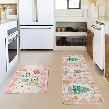 2pcs Diamond Plaid Nutcracker Merry Christmas Kitchen Mats Footprints, Winter Decor Low-Profile Kitchen Rugs For Floor - 17x29 And 17x47 Inch