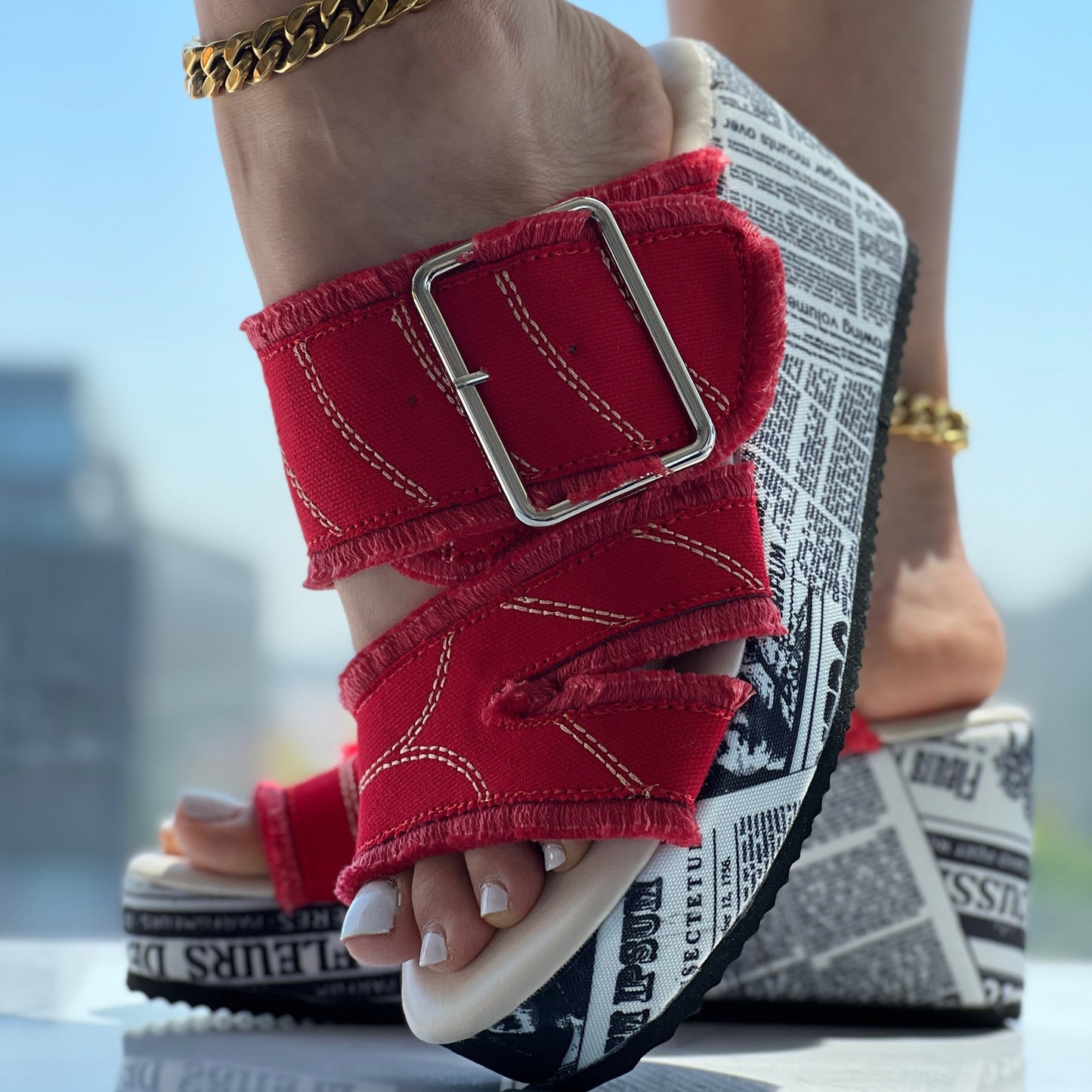 Women's Letter Print & Denim Canvas Sandals, Slip-on Buckle Wedge Heel Shoes, Fashion & Summer Women's Shoes