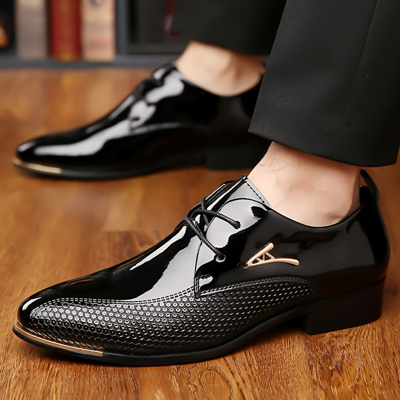 Plus Size Men's Faux Patent Leather Upper Derby Shoes, Comfy Non Slip Rubber Sole Durable Dress Shoes, Men's Footwear