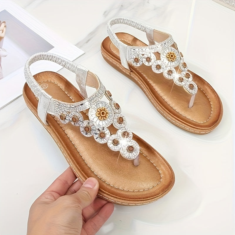 Women's Boho Style Flat Sandals, Flower Rhinestone Elastic Strap Slip On Shoes, Summer Beach Thong Sandals