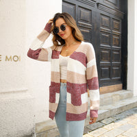 Striped Colorblock V-neck Cardigans, Casual Loose Drop Shoulder Long Sleeve Fall Winter Knit Cardigan, Women's Clothing
