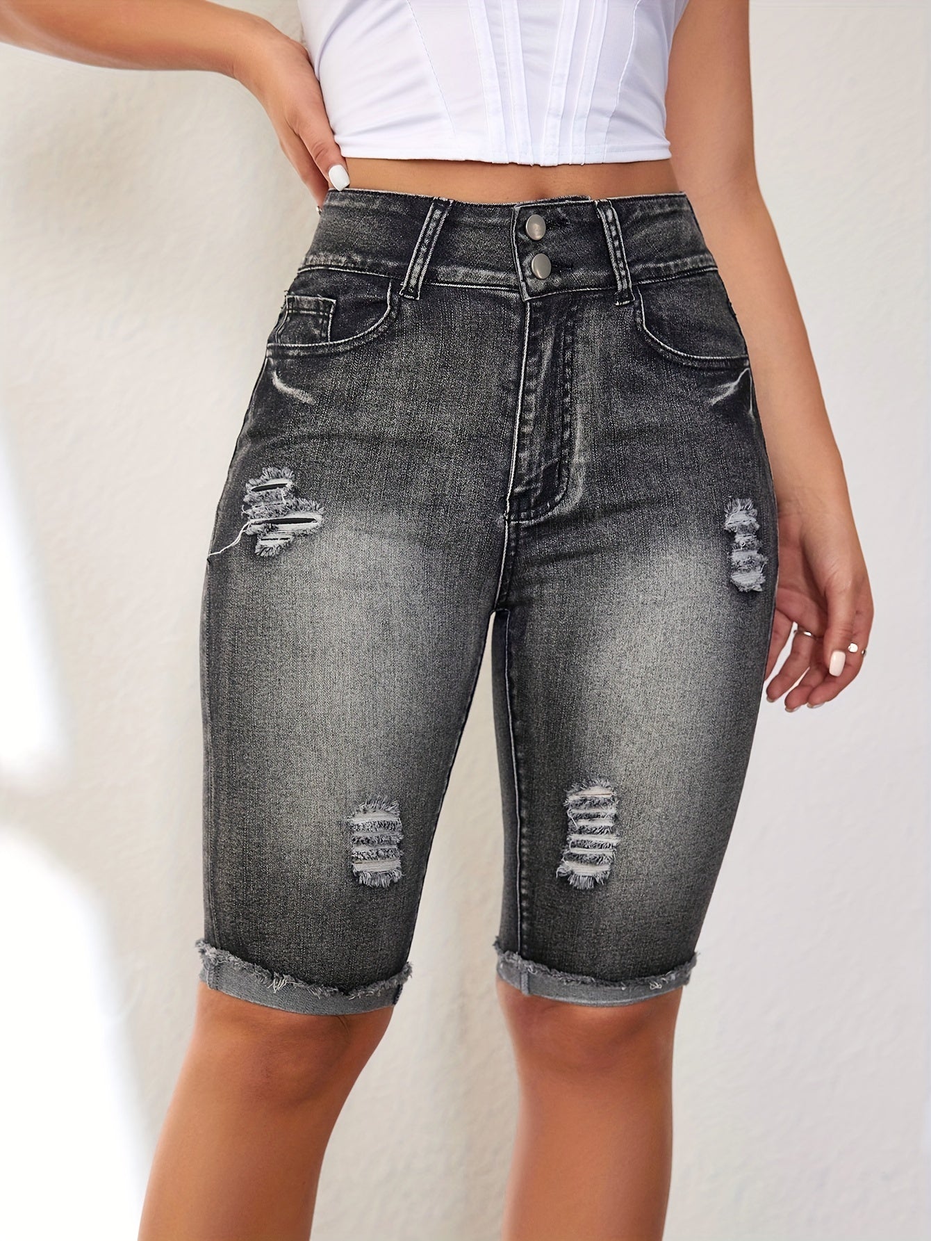 Ripped Roll Up Raw Hem Denim Shorts, Double Button Distressed Bermuda Denim Shorts, Women's Denim Jeans & Clothing