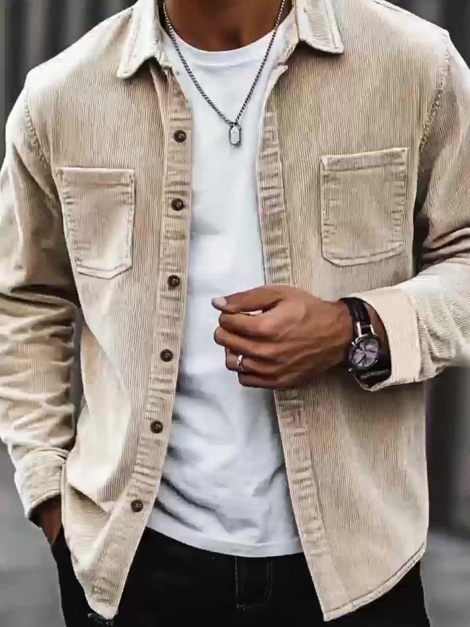 [Corduroy Casual Shirt] Light Blue Corduroy Men's Casual Shirt Jacket | Classic Collar, Button-Up Long Sleeve with Double Chest Pockets, Perfect for Spring & Fall, Everyday Fashion, Street Style, and Office Wear