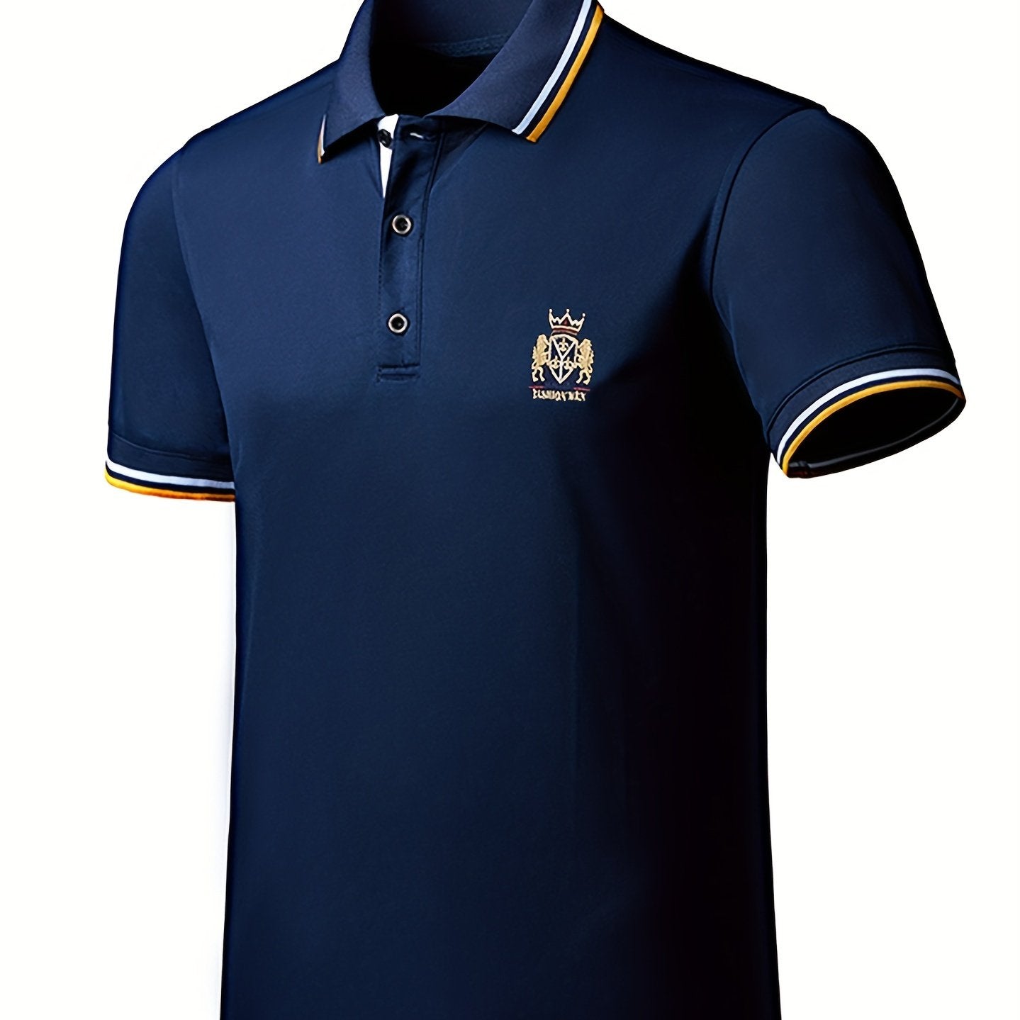 Men's Casual Shirt - Vibrant Red with Golden Embroidered Crest, Short Sleeve Summer Shirt, Regular Fit, Black & Yellow Trim Collar, Breathable Fabric for Casual & Semi-Formal Wear, Contrast Stripe Detailing