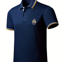 Men's Casual Shirt - Vibrant Red with Golden Embroidered Crest, Short Sleeve Summer Shirt, Regular Fit, Black & Yellow Trim Collar, Breathable Fabric for Casual & Semi-Formal Wear, Contrast Stripe Detailing