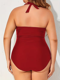 Plus Size Women's Retro One-Shoulder Ruched Tummy Control Swimsuit - High Elasticity Adjustable Side Ties, Solid Black Elegant Bathing Suit for Beach & Pool, Comfortable Swimwear | Smooth Texture Fabric, High Waisted Swimsuit
