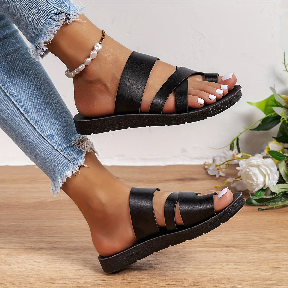 Women's Solid Color Slide Sandals - Casual Loop Toe Flat Summer Shoes, Lightweight Beach Shoes - For Women -  Suitable for Summer, Beach, Vacation - Perfect Gift for Women